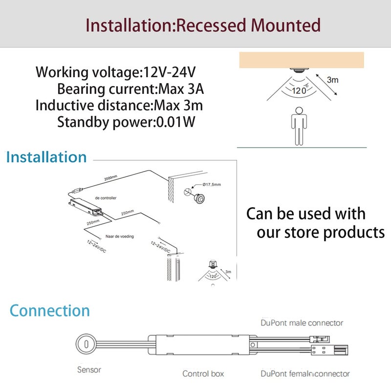 VST Motion Sensor Light Switch, Proximity Sensor Switch, Led Light Automatic Witch for Closet Light Under Cabinets Counters Closets Wardrobes with 12V JST Male and Female (DC 12-24V) - Image 4